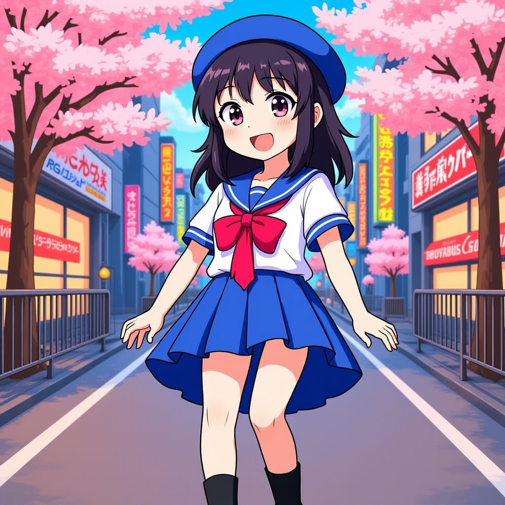 Anime Schoolgirl in Tokyo: Vibrant Digital Illustration