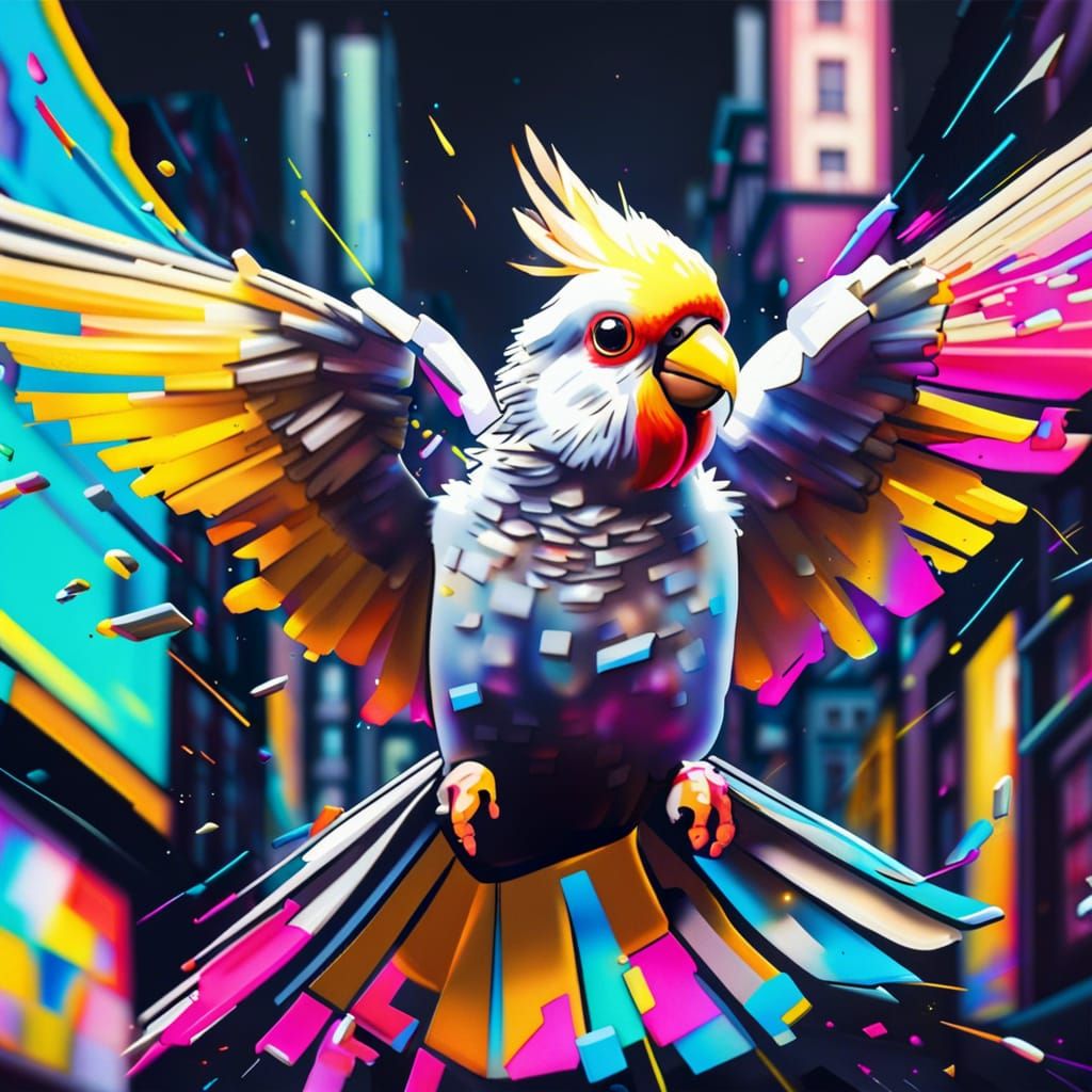 A cockatiel made of pixels flying through an neon city, 8k r...