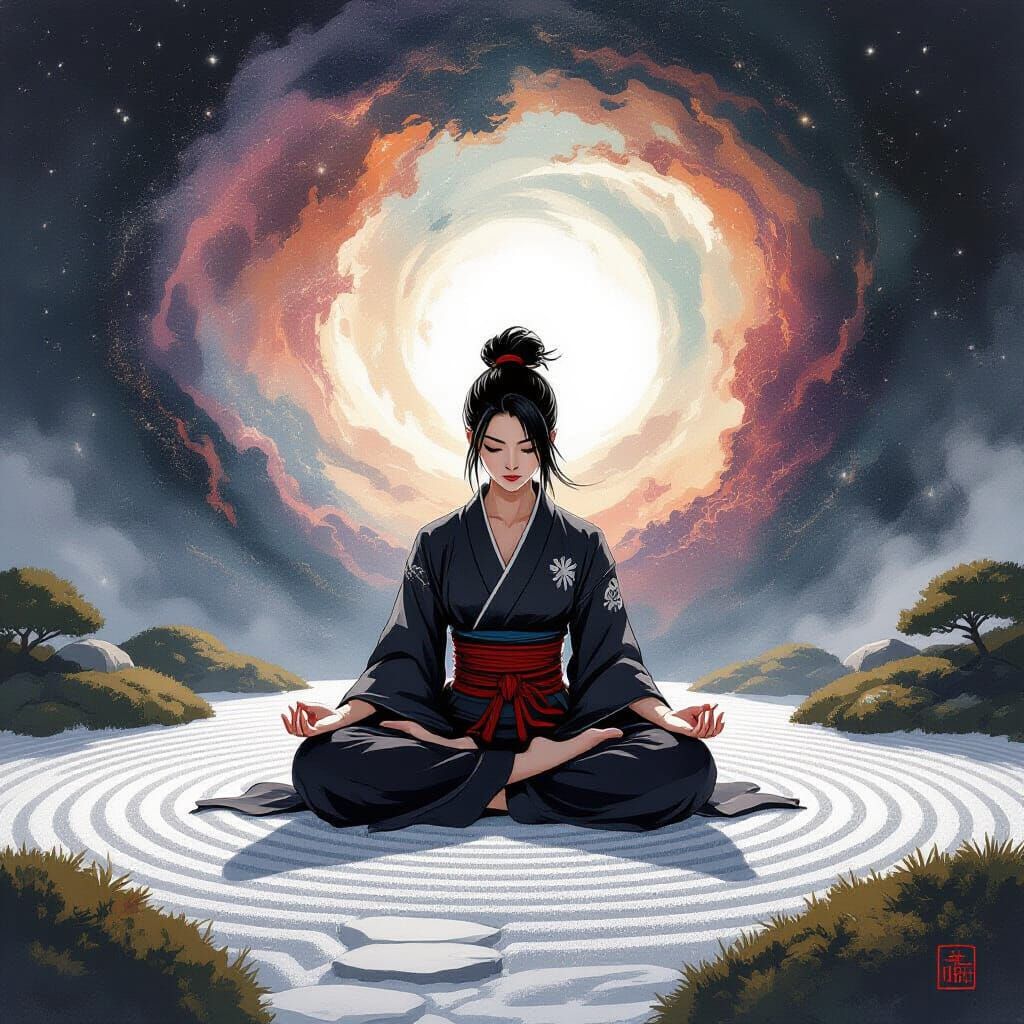 Meditating Samurai Warrior in Cosmic Zen Garden