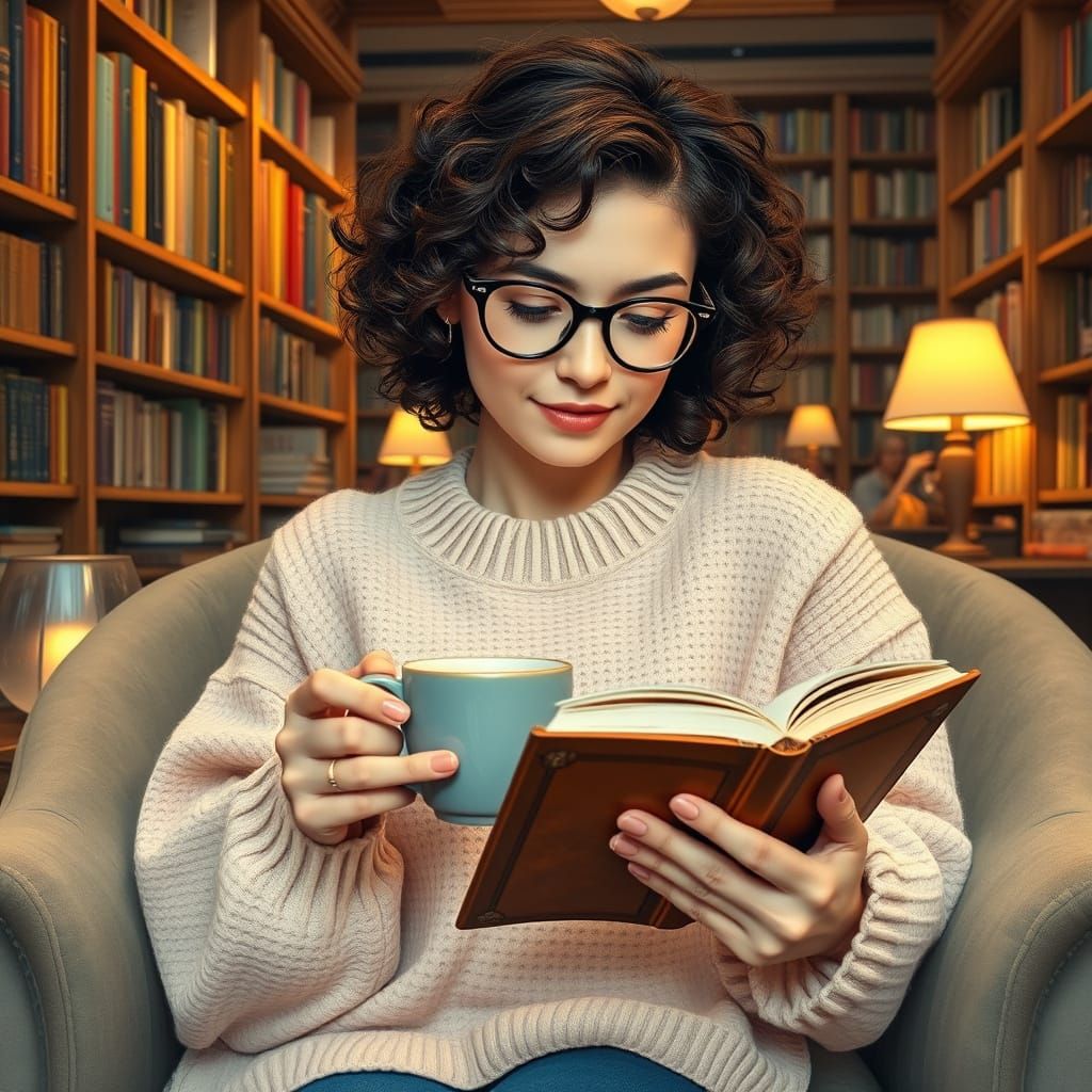 Cozy Bookstore Café Scene in Whimsical Style