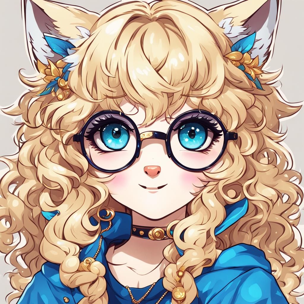 cute wolf girl kawaii with gold big round glasses and blue e...