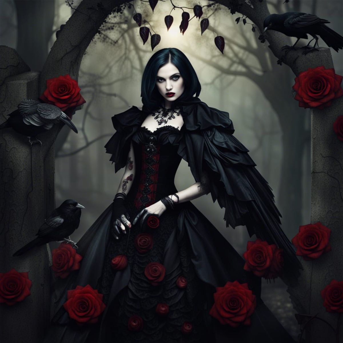 attractive vampire lady raven roses dark forest alchemy gothic style ...