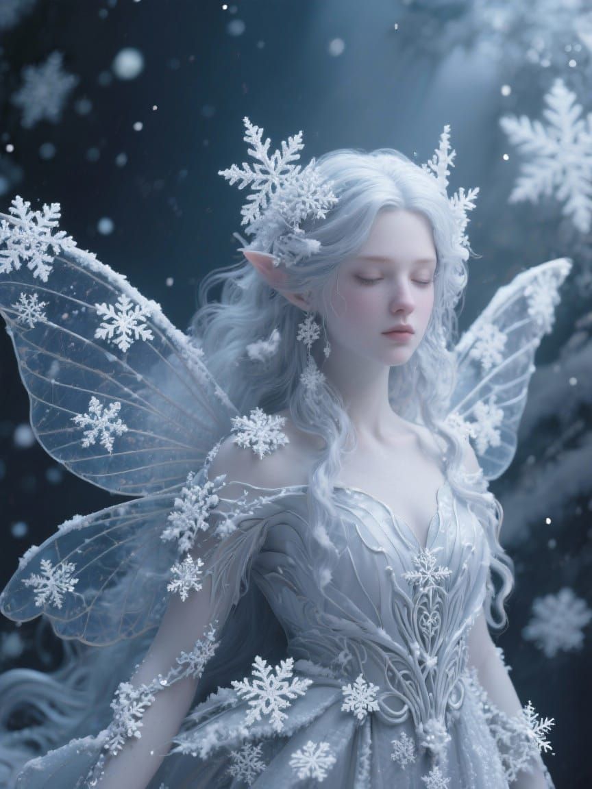A Snow Fairy With Snowflakes , art Nouveau, photorealism , hyperrealism, volumetric lighting, 3D shading , depth of field, volumetric lighti...
