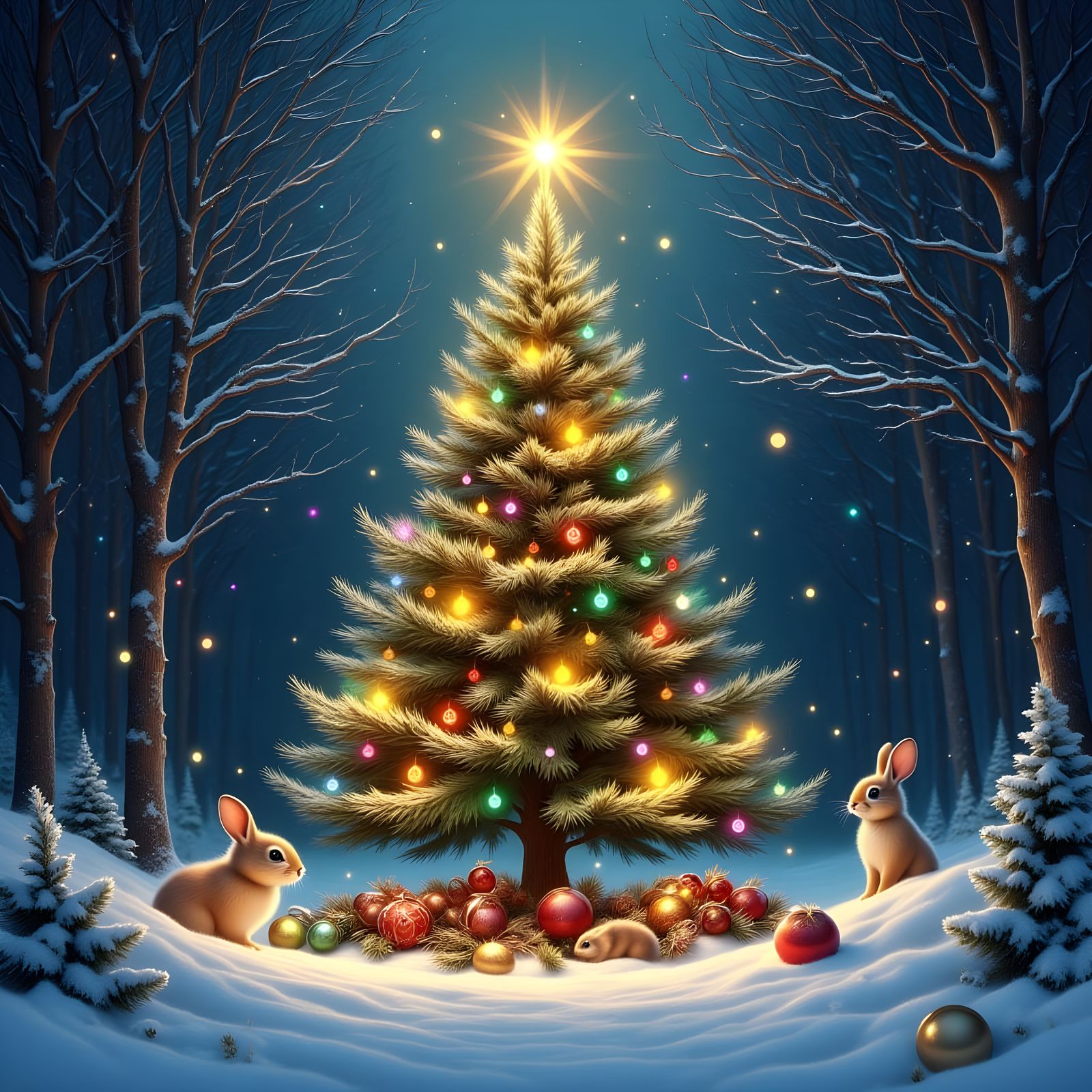 Christmas Tree with Animals in Snowy Forest