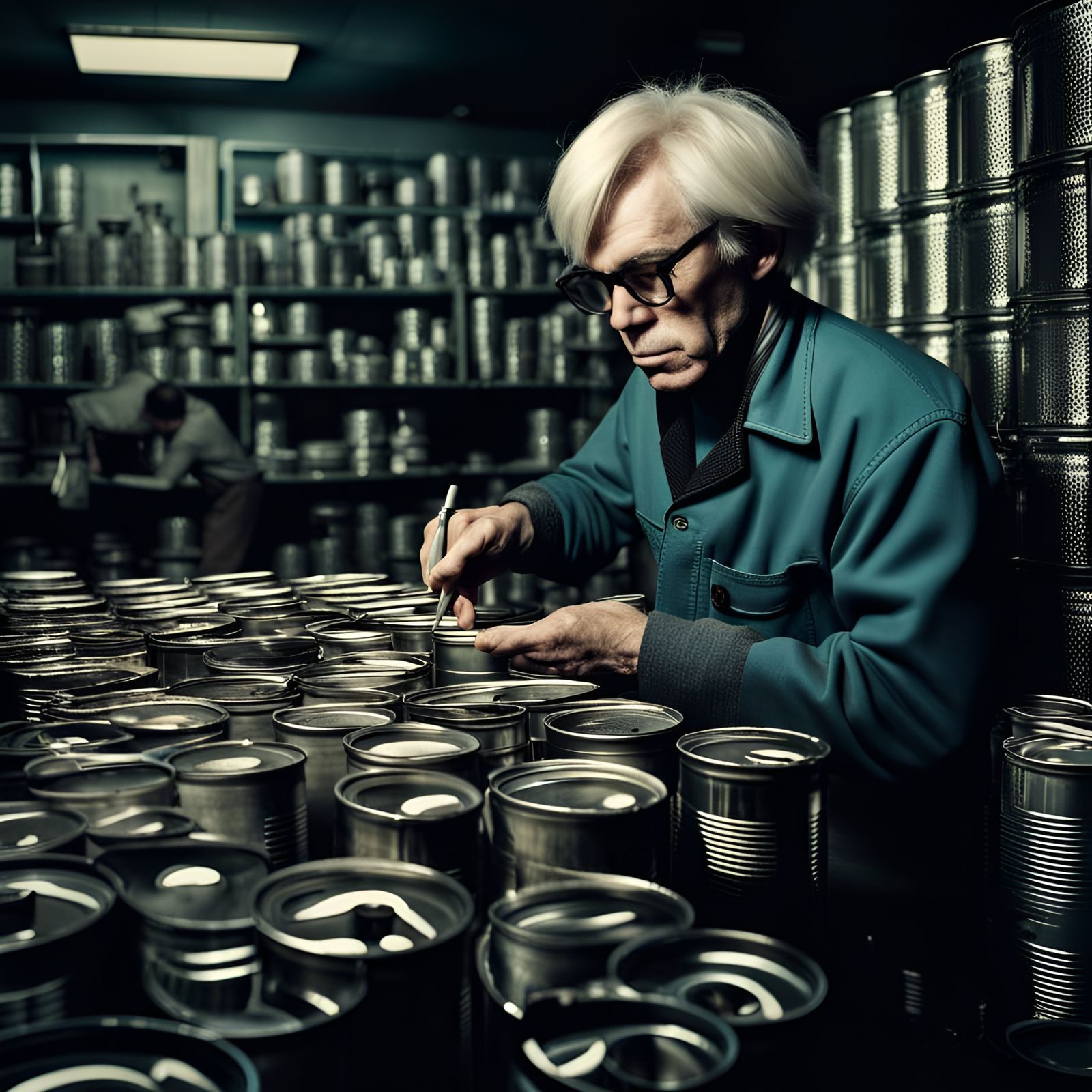 Andy Warhol working in a soup can factory  by @Tanke