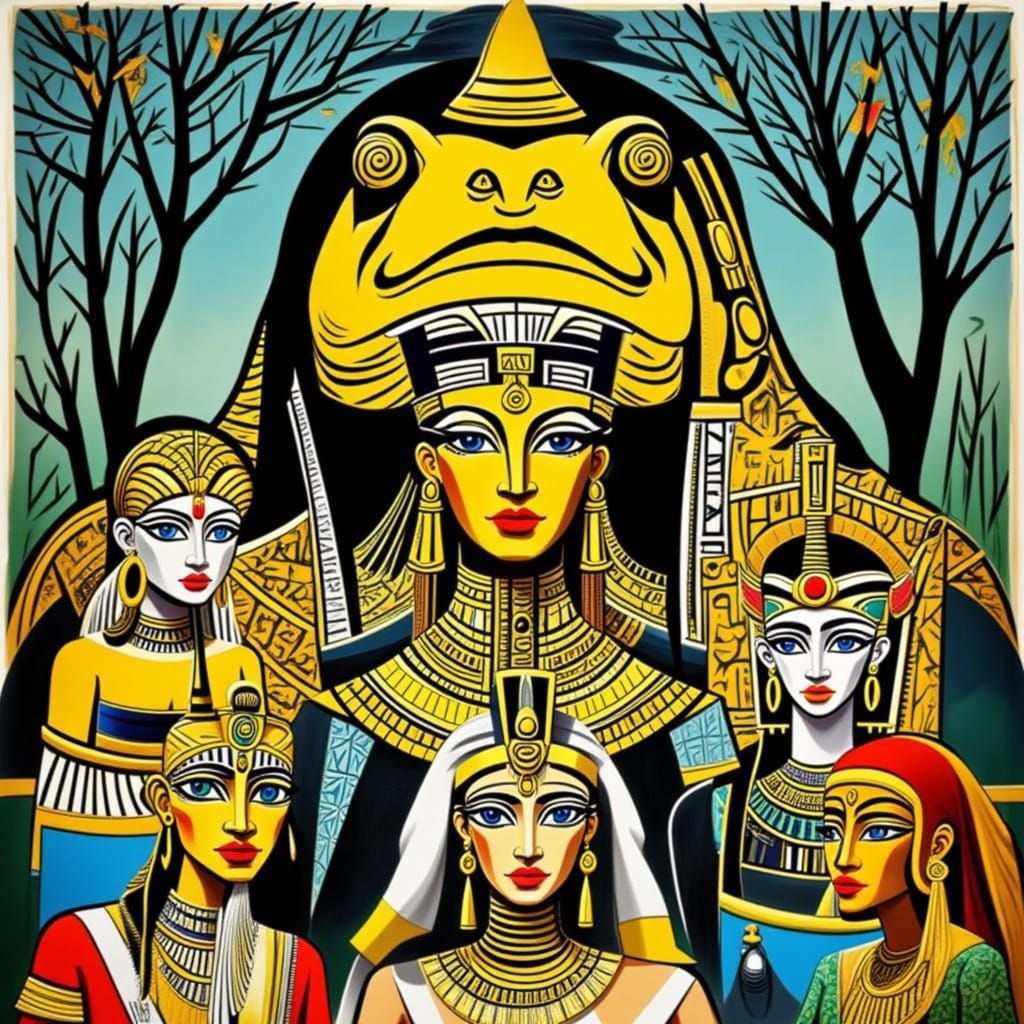 <lora:EGYPTIAN GOLD:1.0> A monstrous giant toad with a fox bride surrounded by priests wearing toad masks, deep in a forest. Medium shot. Th...