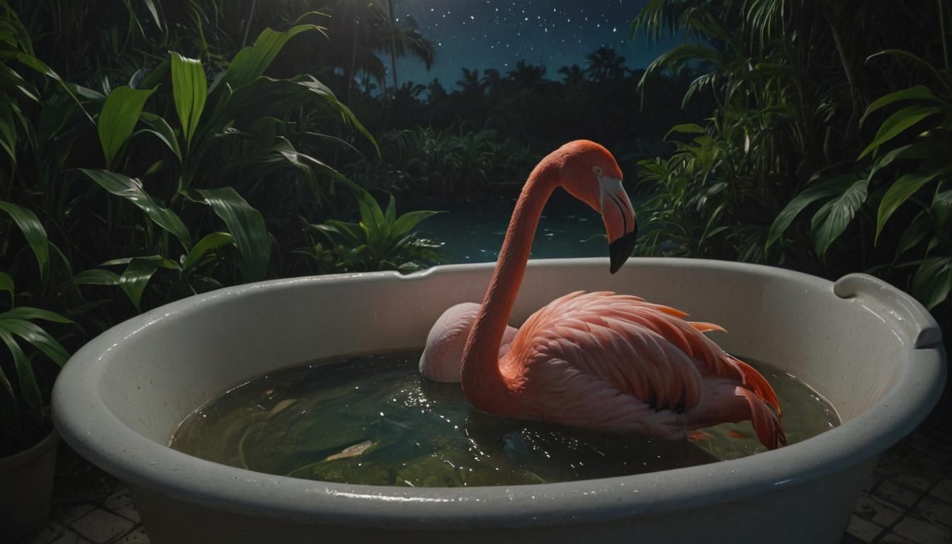 Futuristic, sci-fi, abstract, photorealistic oil painting looking a pink flamingo taking a bath sitting in a white ceram...