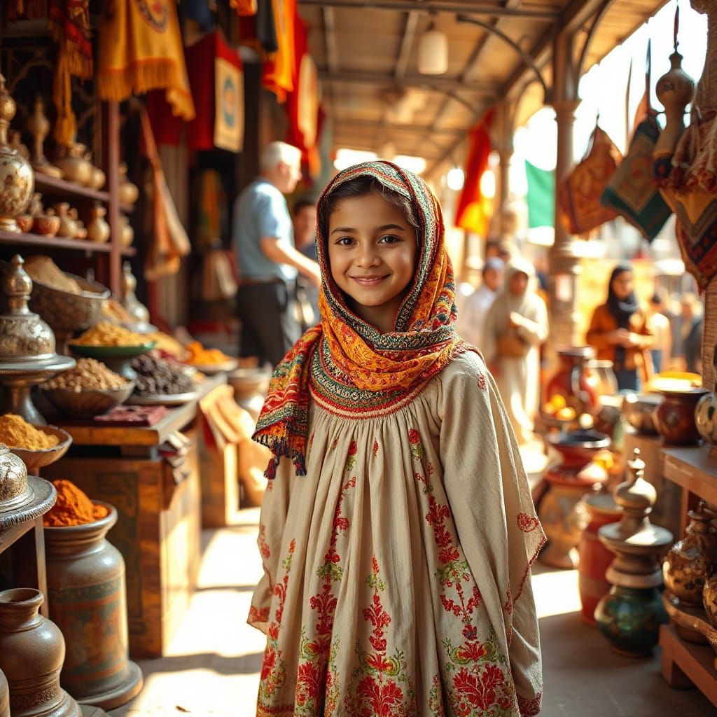 Vibrant Marketplace Scene with Colorful Hijab and Exotic Tex...