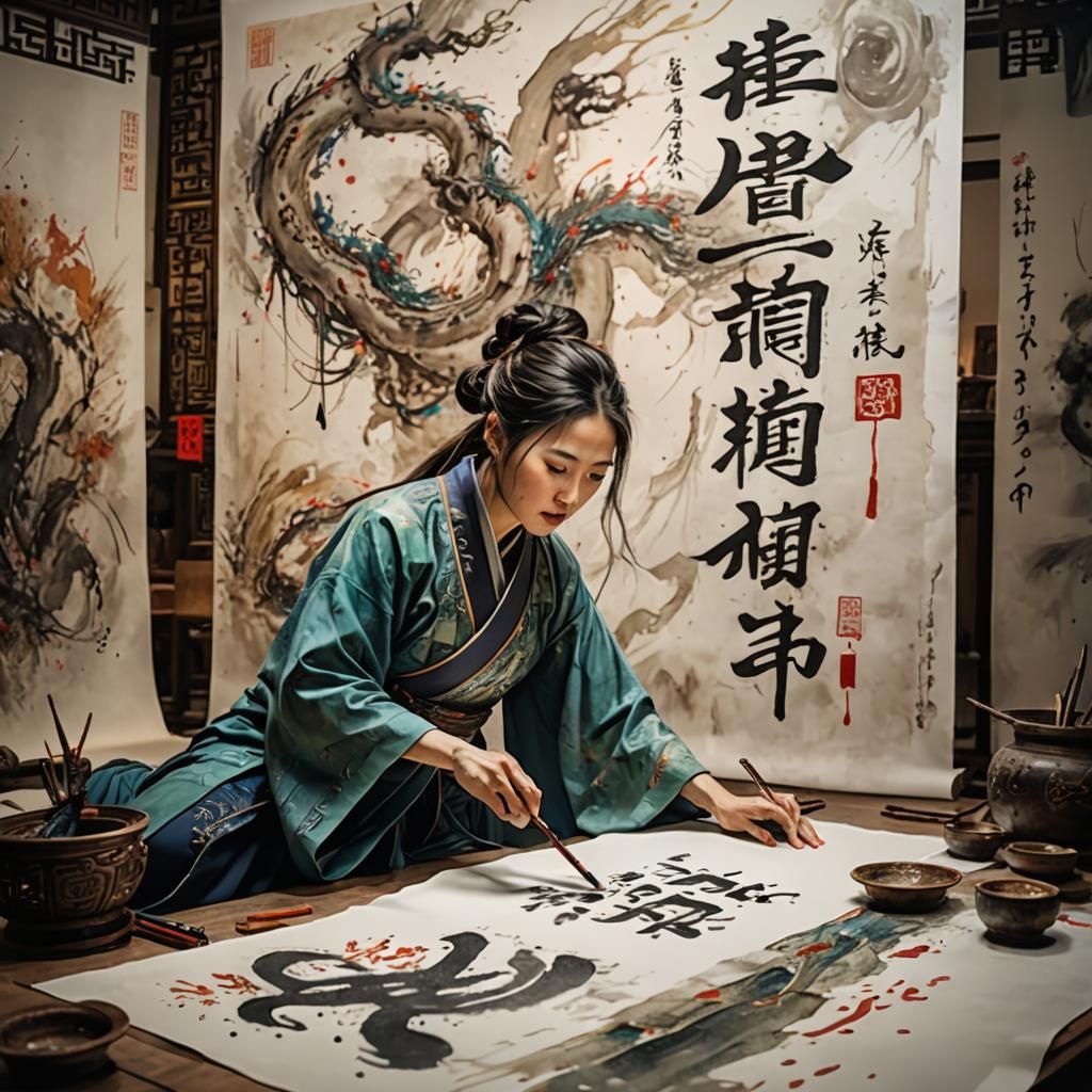 Ancient Chinese Calligraphy Master in Watercolor Style
