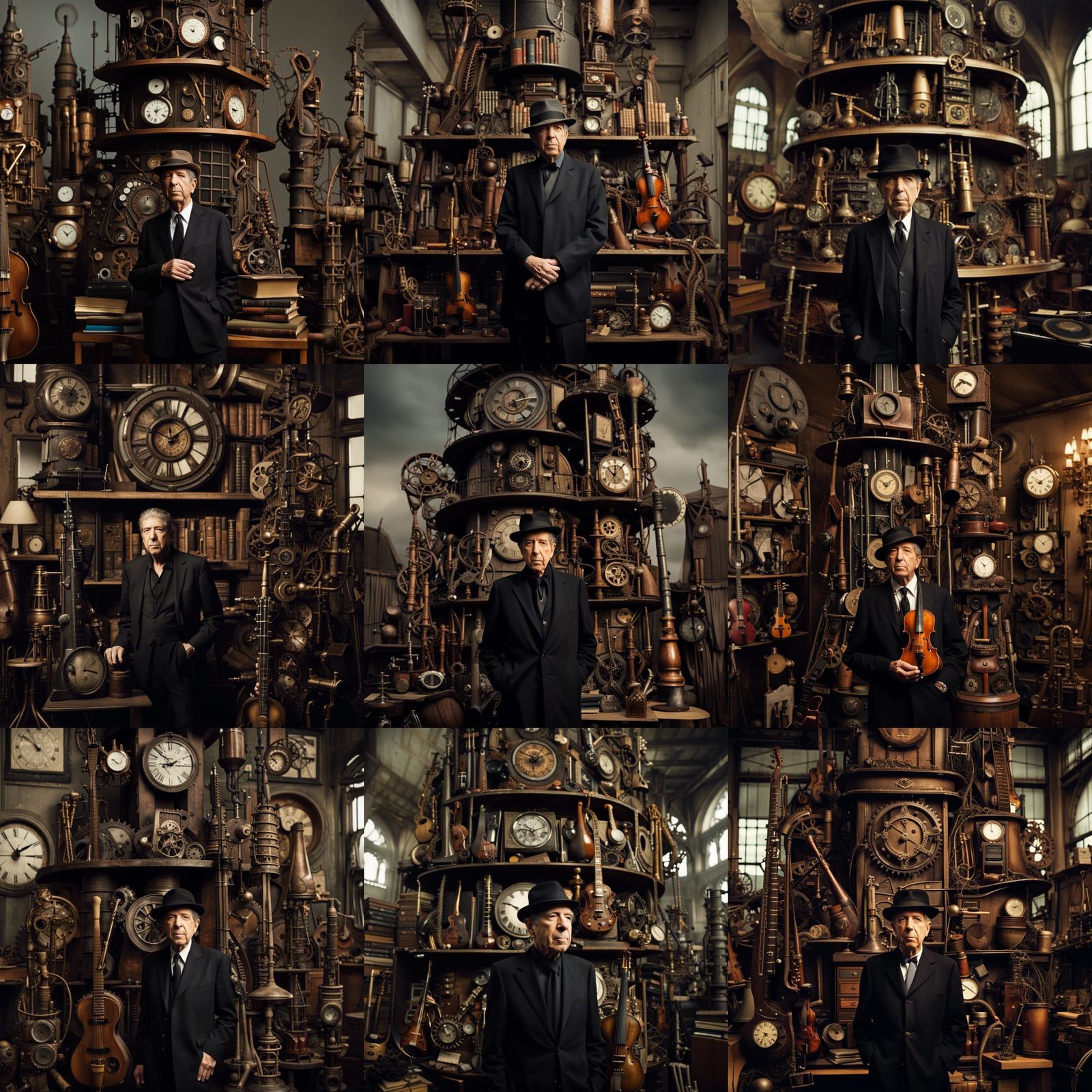 Leonard Cohen standing in front of a steampunk tower made up of all