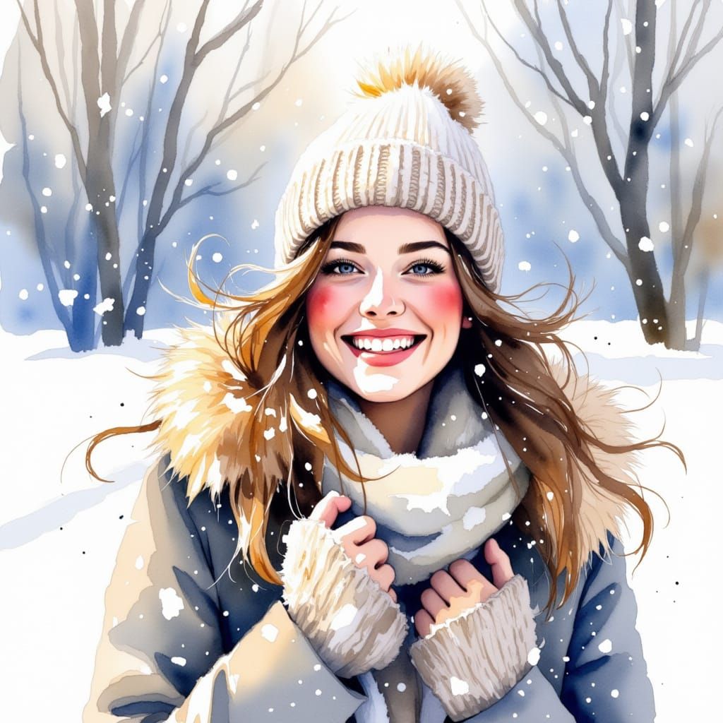 <lora:GrokFlux:1.0>  A watercolor painting by Christine Stafford of a joyful woman in a snowy winter scene.