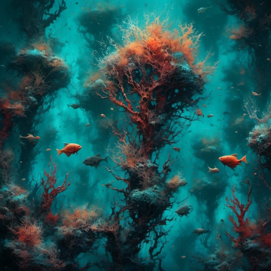 <lora:RainbowDeath:1.0> A macabre yet beautiful coral reef, striking yet intricate, teeming with unknown life, beautful yet creepy, colorful...
