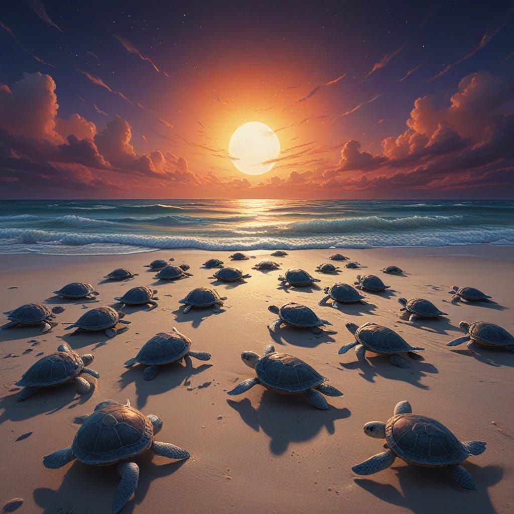 Hundreds of little Baby Sea turtles hatching and making their way into the ocean under a full moon at ...  by @Jakob Darkening