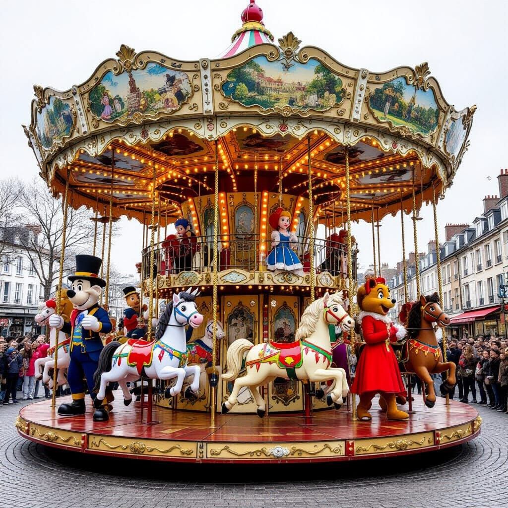 un carrousel superbe où des personnages de dessin animés amuse les enfants  réaliste  by @lola besferder