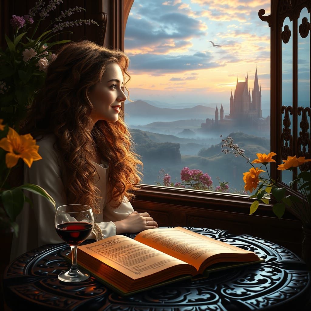 Elegant Woman Contemplates Sunset in Dreamlike Abode