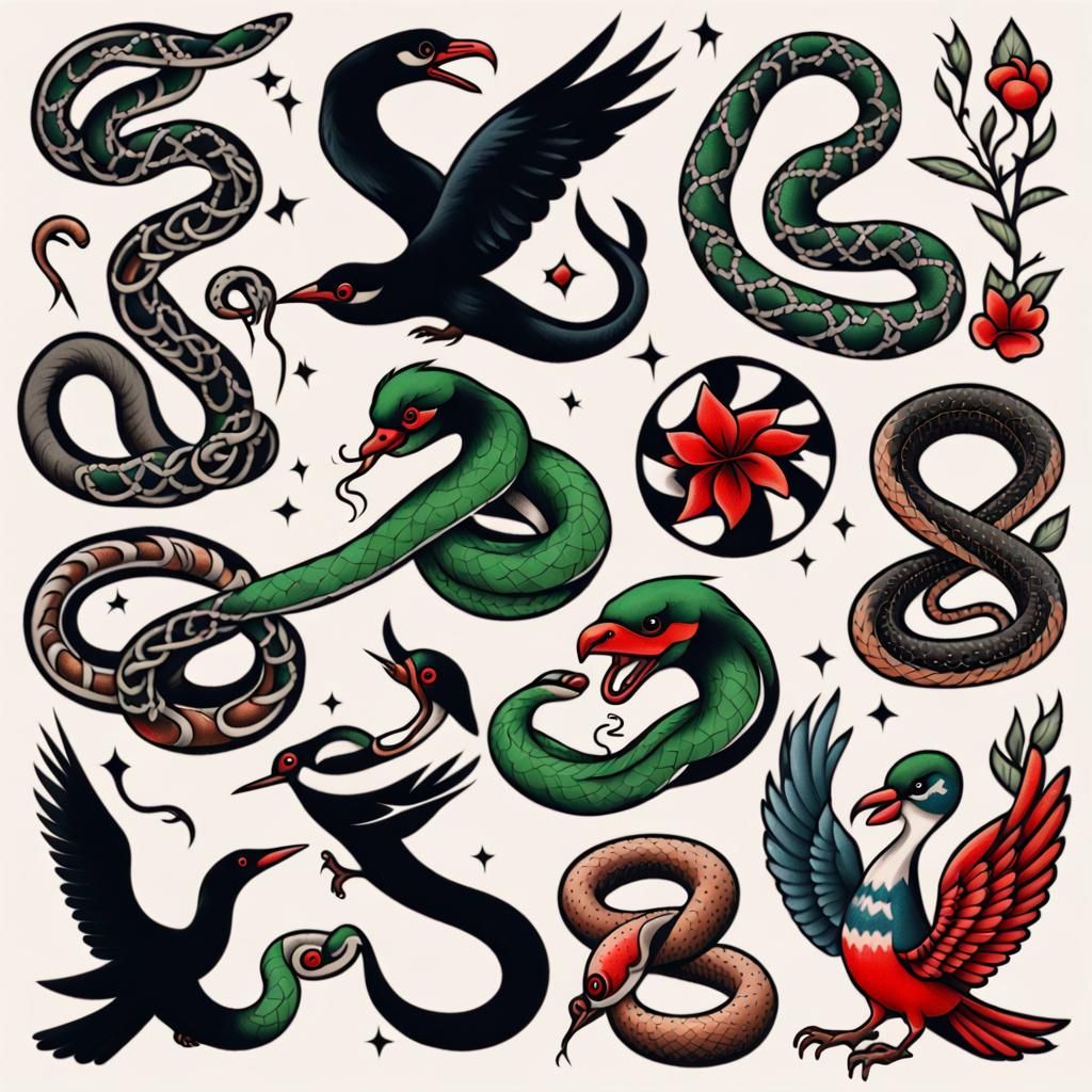 a American traditional style tattoo flash sheet birds and sn...