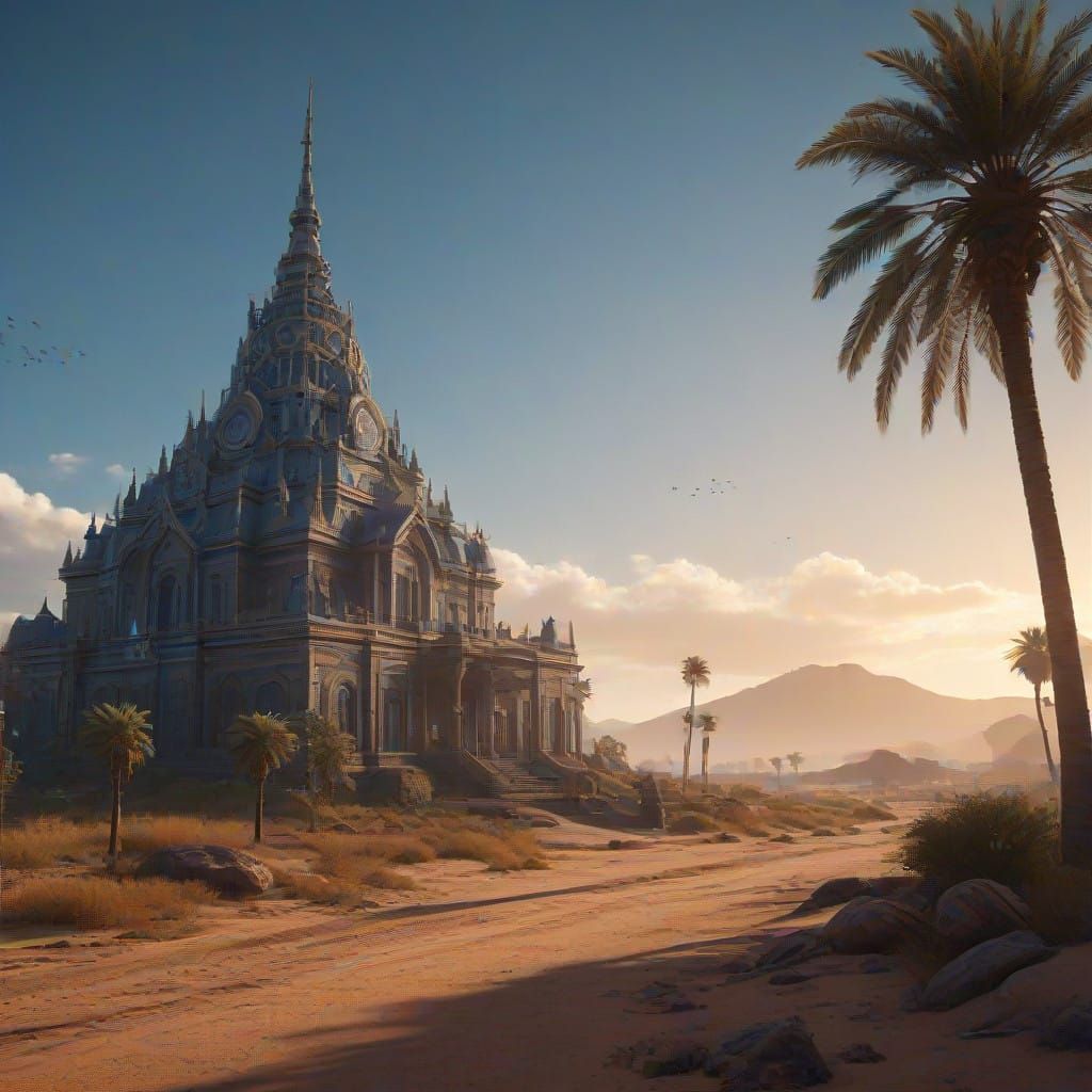 Ancient Desert Metropolis Under Golden Twilight