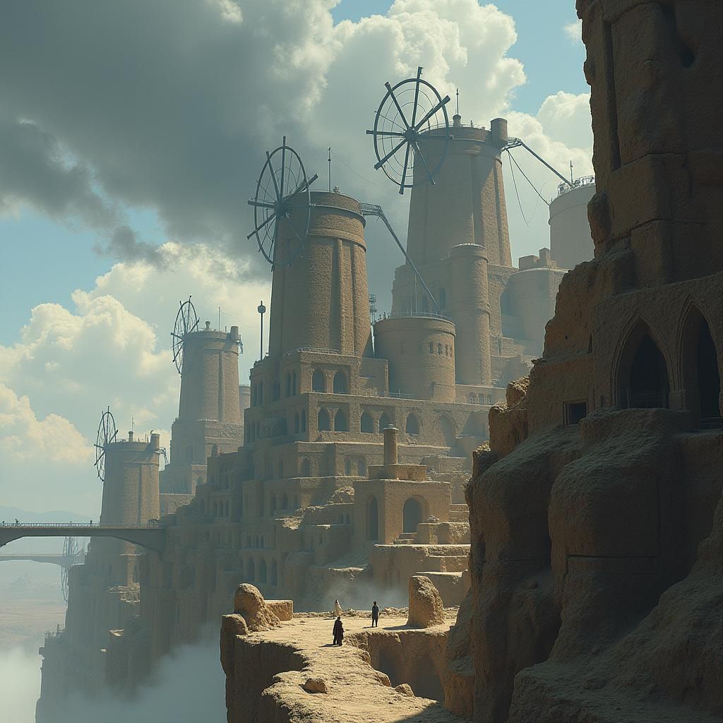 The illustration portrays the Ghiskari city of Azrakûn, the "City of Winds," perched atop the towering cliffs of the eastern empire, overloo...