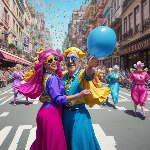 Whimsical Seniors Dance: A Surrealist Street Scene