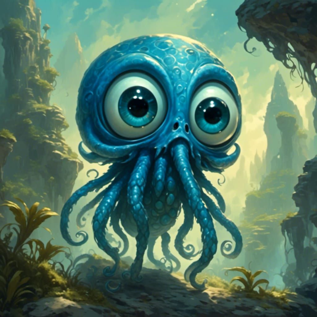 Curious, inquisitive, Porsche Gentian Blue ,  Palm sized Cthulhu (Oversized eyes) <lora:Wisps:1.0>