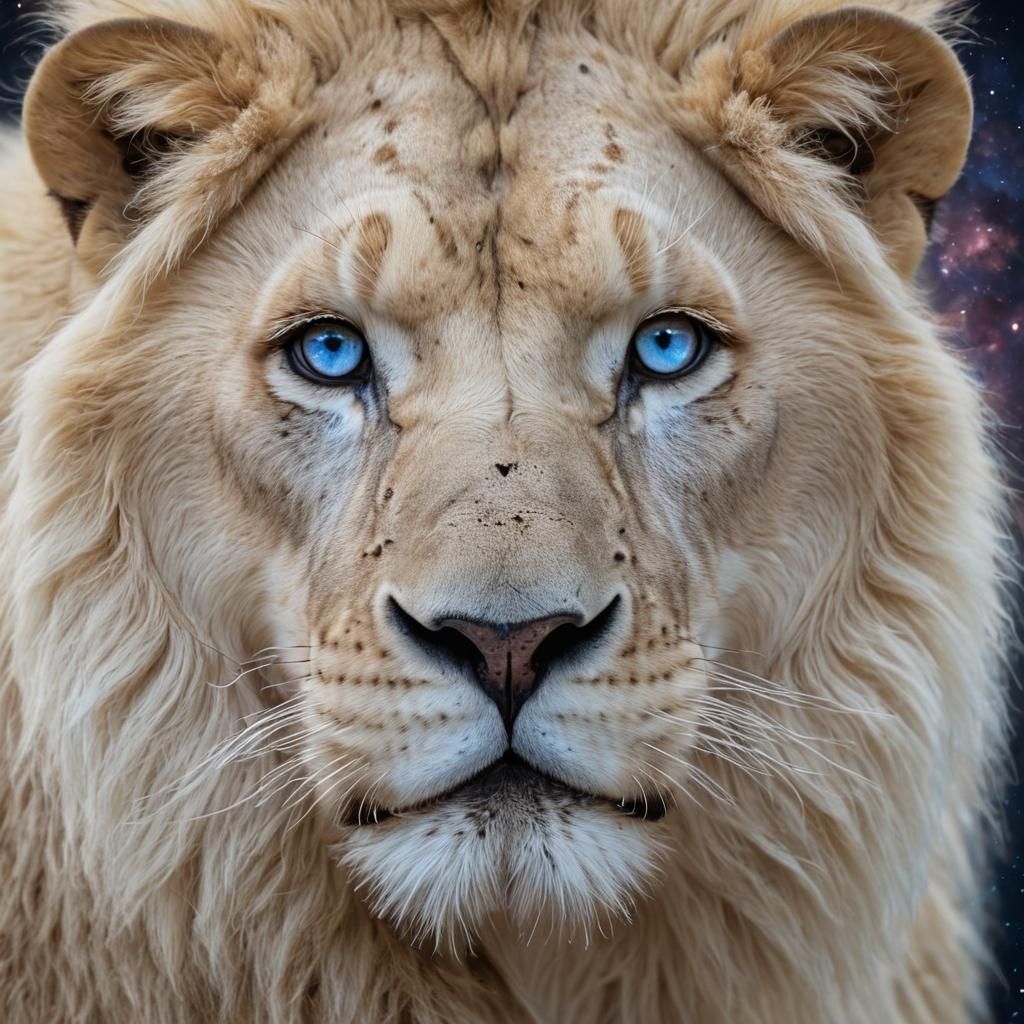 White Lion with Blue Eyes in Galaxy Background