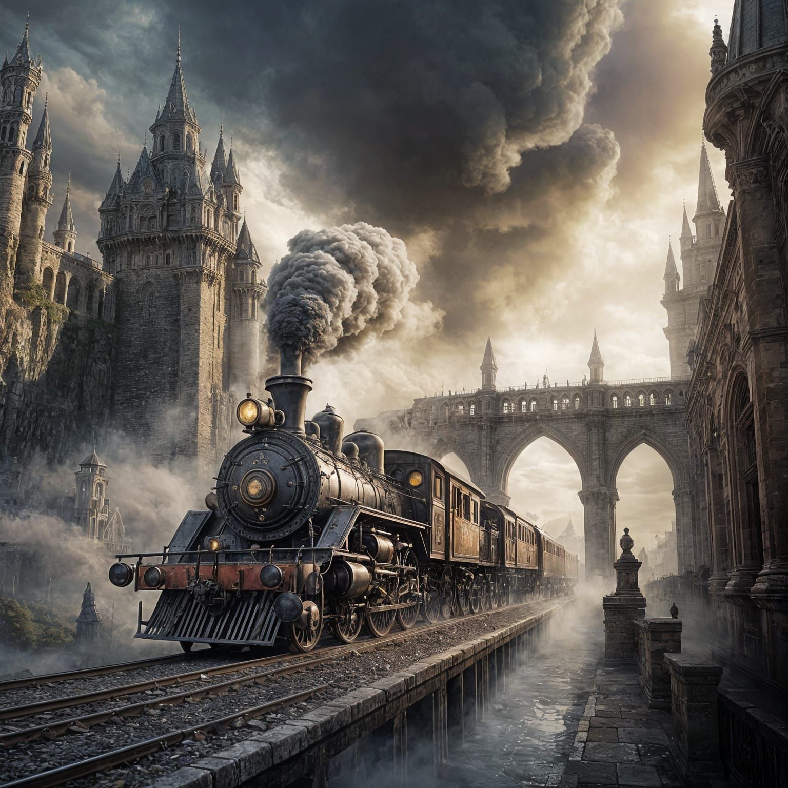 Steampunk Train Approaches Gothic Palace in Mystic Fog