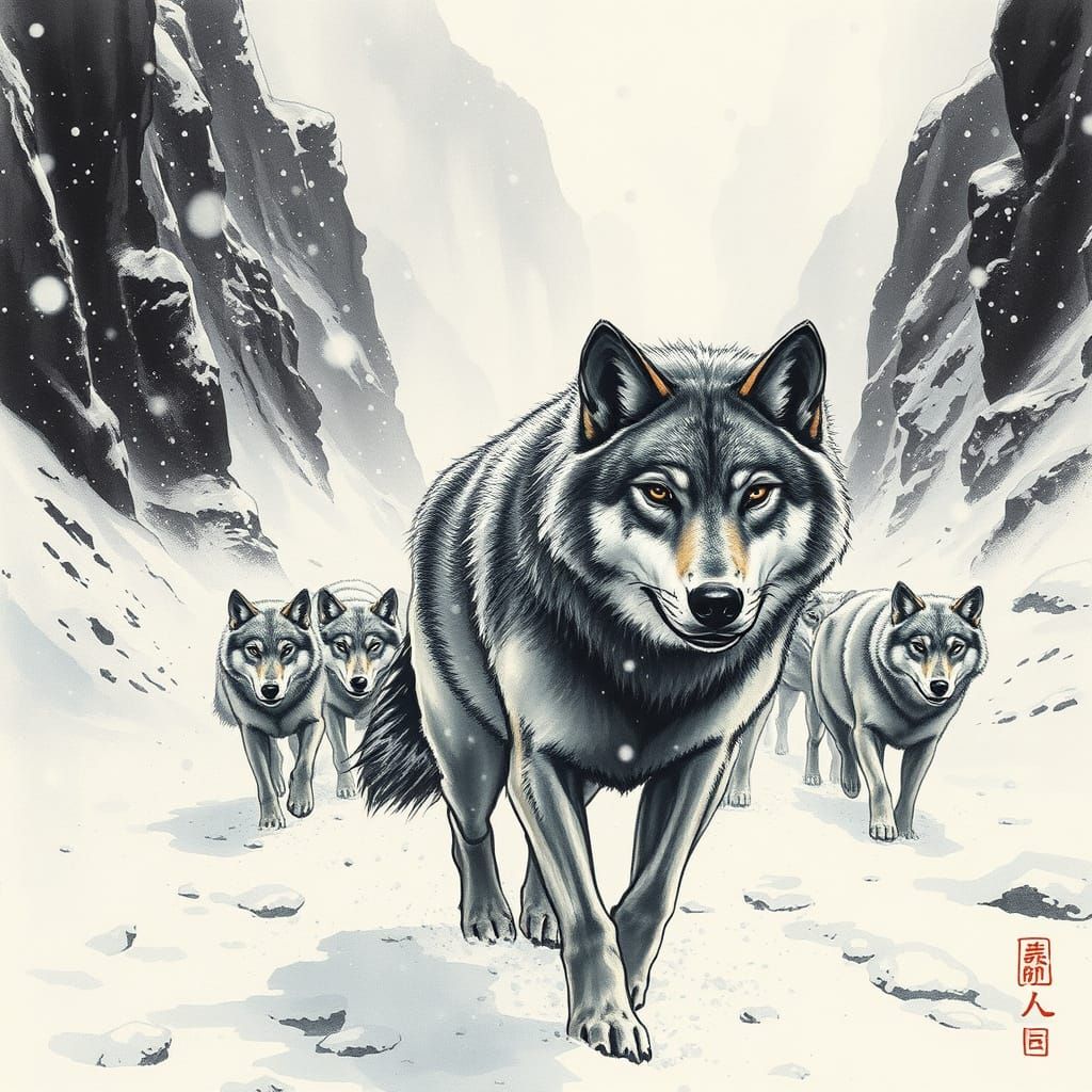 Alpha Wolf Leads Pack Through Snowy Blizzard, in Ink Wash St...