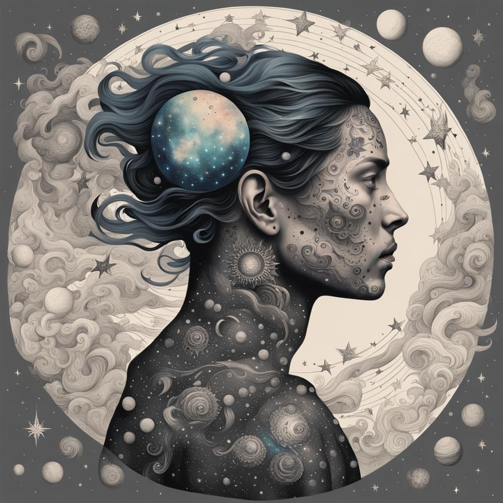 A surreal portrait of a figure with tattoos that appear to b...