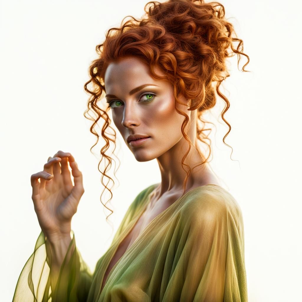 Hyperrealistic full-bodied beautiful woman with long curly red hair, bright green eyes, naturally pale skin. She has a hint of fae about her. Standing in a green field in front of a broken down medieval keep. Soft sunlight illuminates her hair from the side.