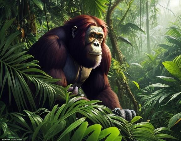 a dense jungle filled with lush vegetation and the sounds of...