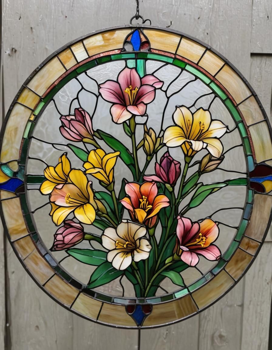 traditional stain glass round, small vibrant freesia flower ...