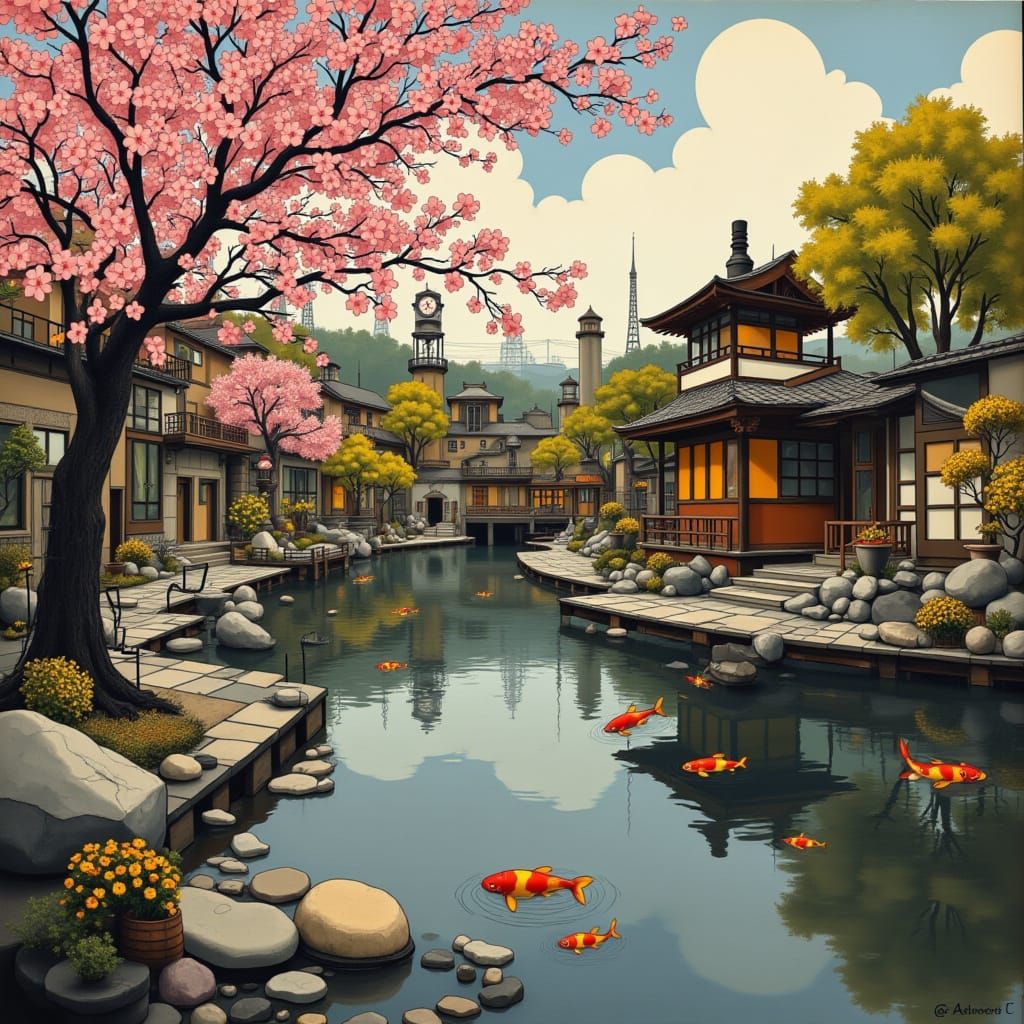 <lora:MONDRIAN FACTORY:1.0> Koi pond with cherry blossoms