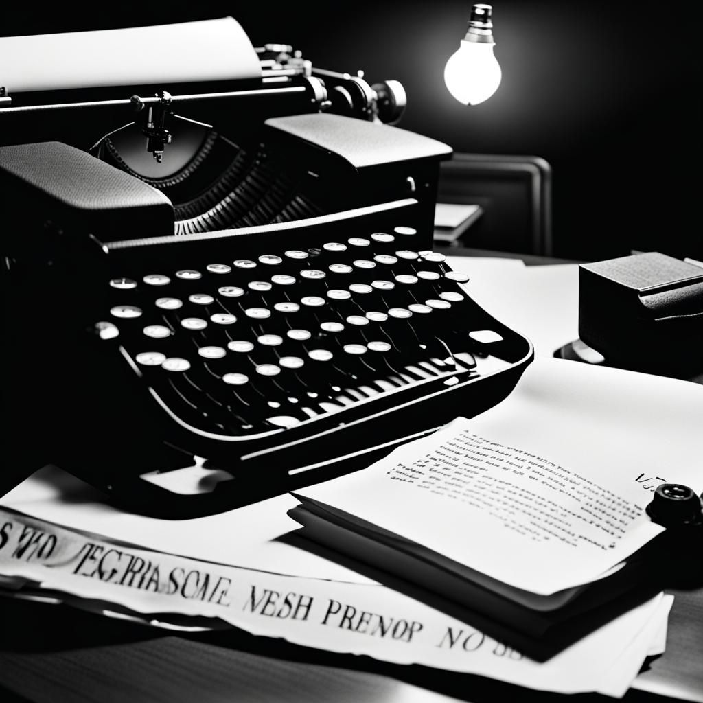 a film noir scene from a detective movie, a typewriter with paper in it ...