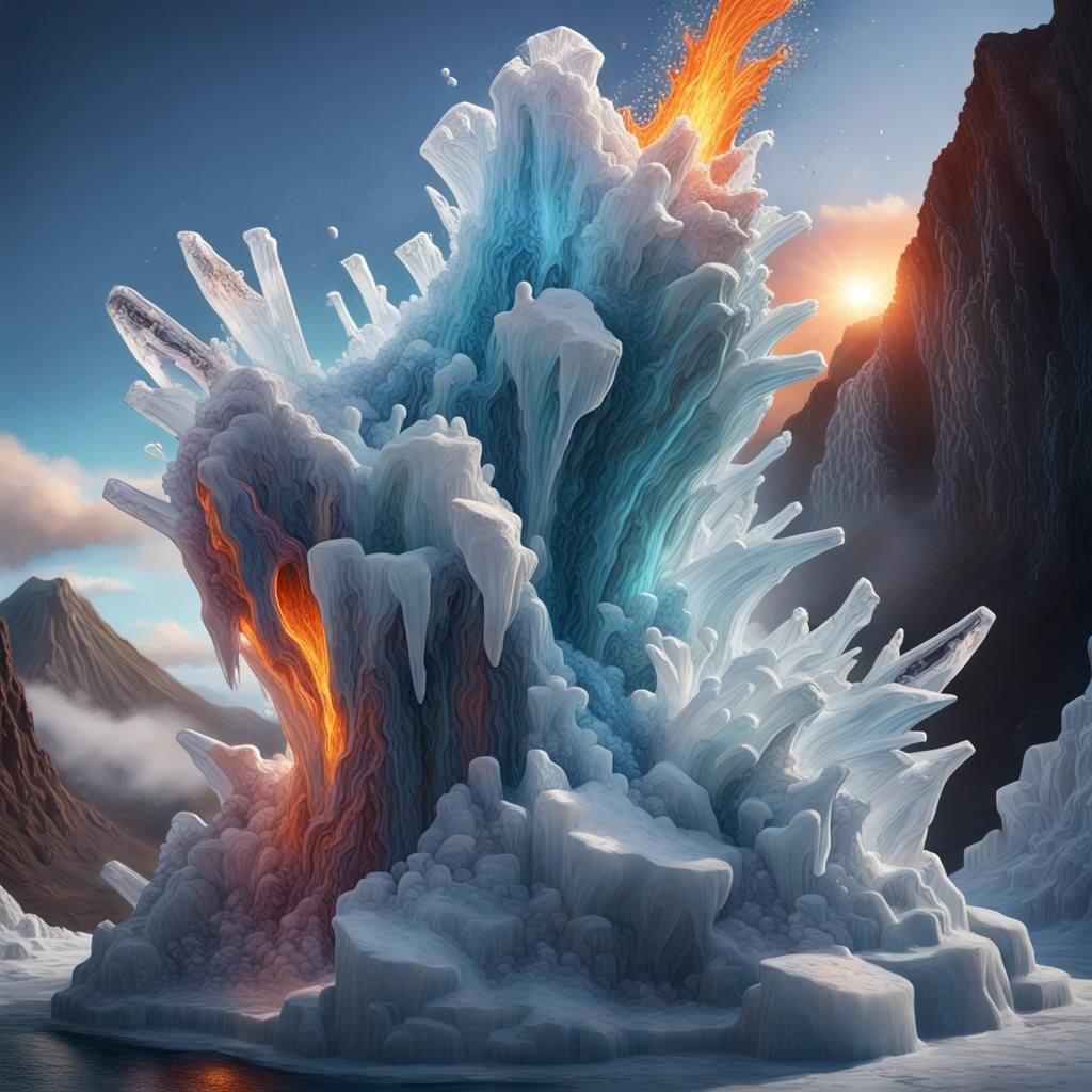 "Ice sculptures inside an erupting volcano Hyperrealistic, s...