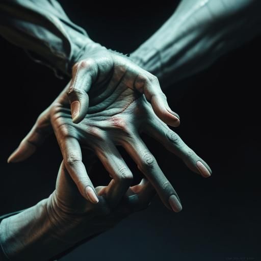 hand of a creature, three very long fingers, swollen joints,...