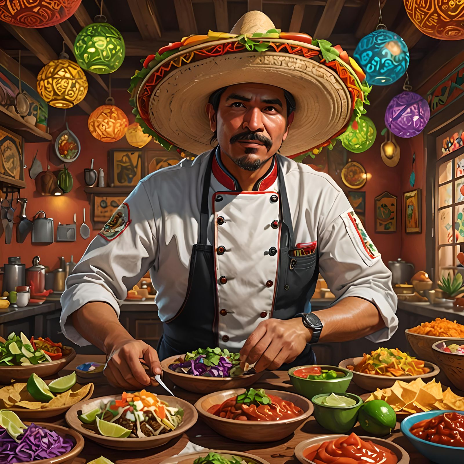 A Mexican chef inside a traditional restaurant preparing a festive Cinco de Mayo  by @Kotori