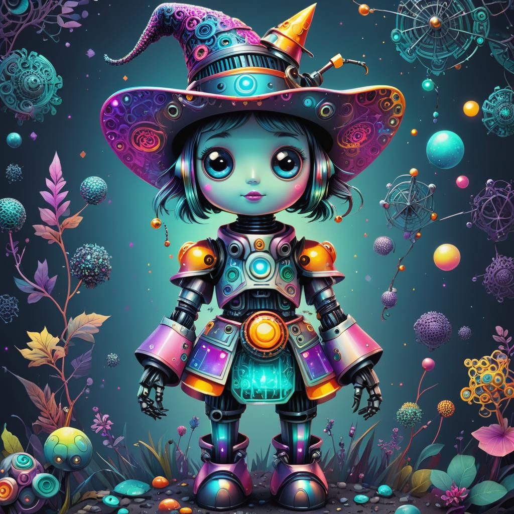 Holographic Porous COLORFUL CUTE Robot WITCH, Zentangle Dood...