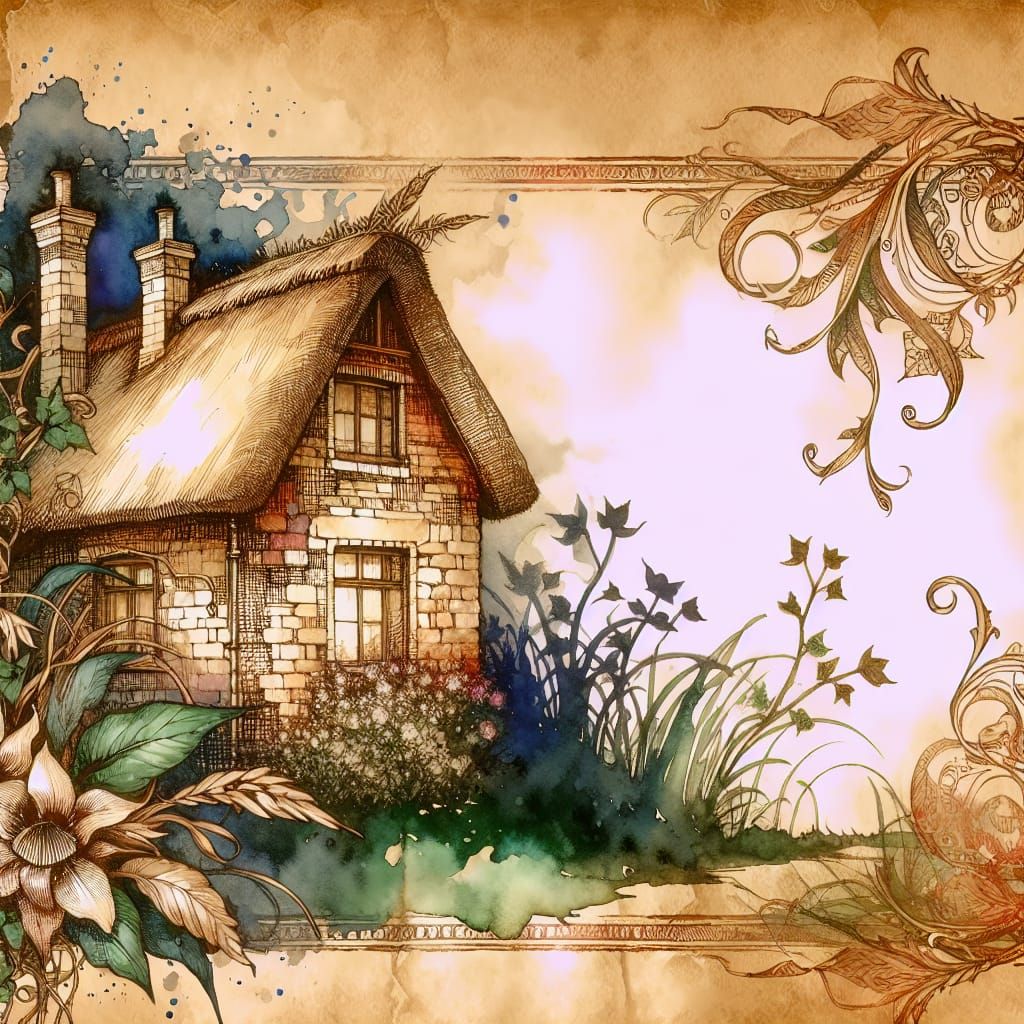 Whimsical Watercolor Art of an Old English Cottage