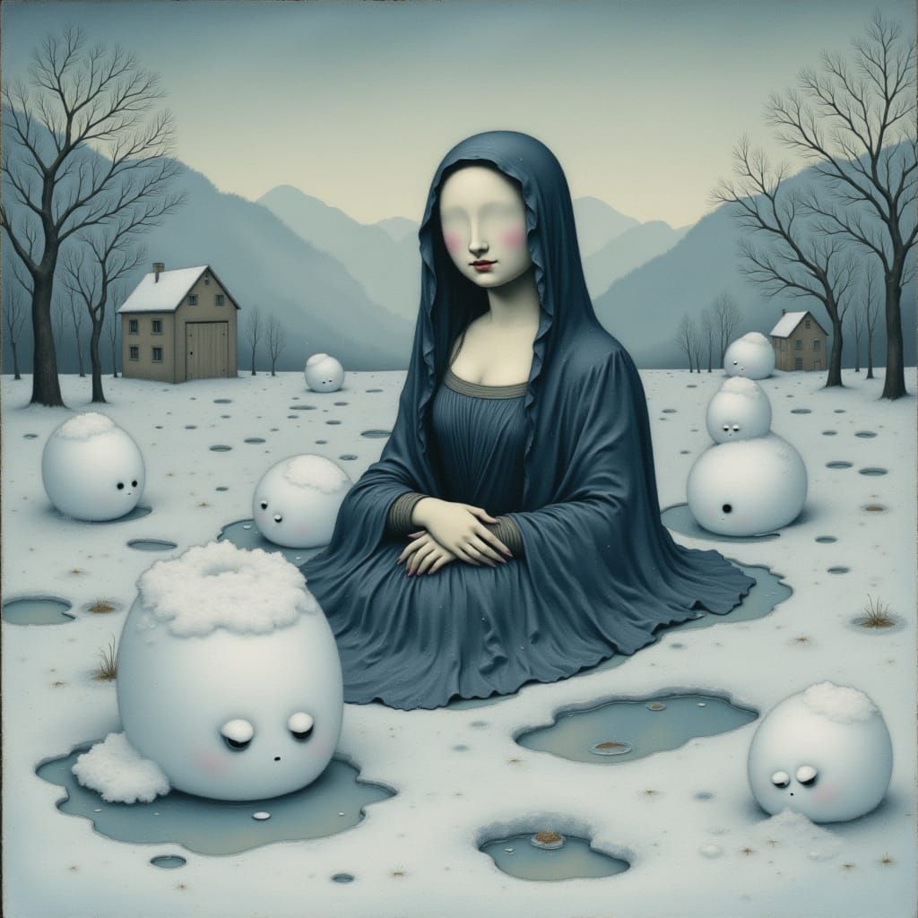 <lora:inspired:1.0> A melancholic Mona Lisa, rendered in a soft watercolor style, sits in a desolate, snow-covered landscape. Instead of a s...