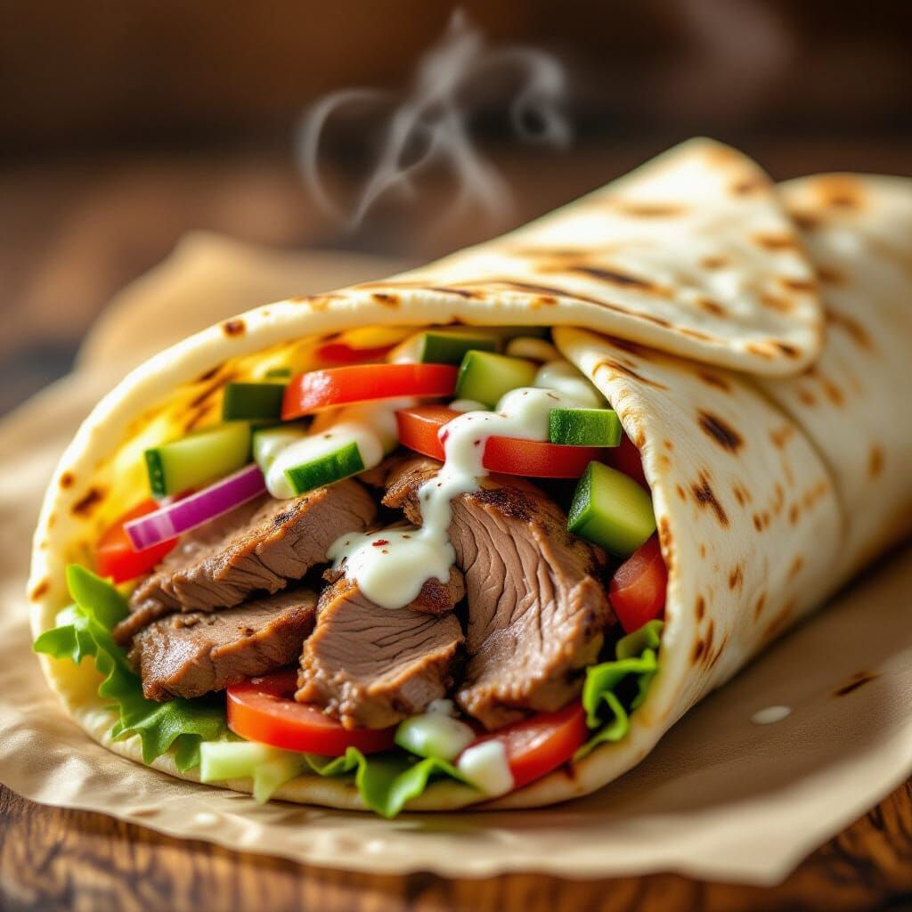 Appetizing Shawarma Wrap with Grilled Meat and Vegetables
