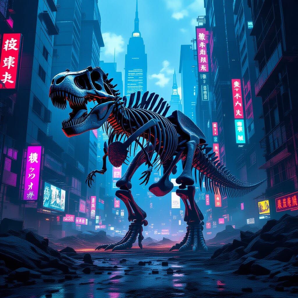 A colossal, ancient Tyrannosaurus Rex skeleton unearthed amidst a sprawling, neon-drenched cyberpunk city. Towering skyscrapers with hologra...