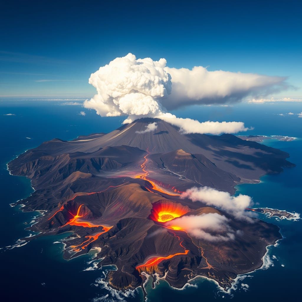 (Aerial drone photography:1.3) of a volcanic archipelago, capturing a dramatic volcanic eruption, with ...  by @Xuxa