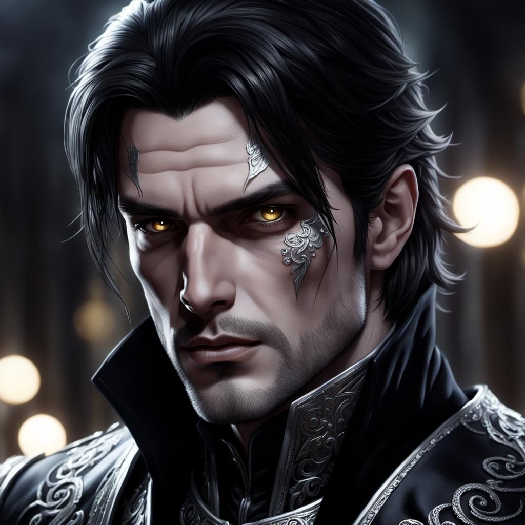 Hyper-realistic Dark fantasy concept art, portrait, cinematic, high detail, vibrant, dramatic shading. Lord Quintis Arvalon is a tall, impos...