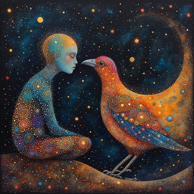 sitting alongside a large, colorful bird