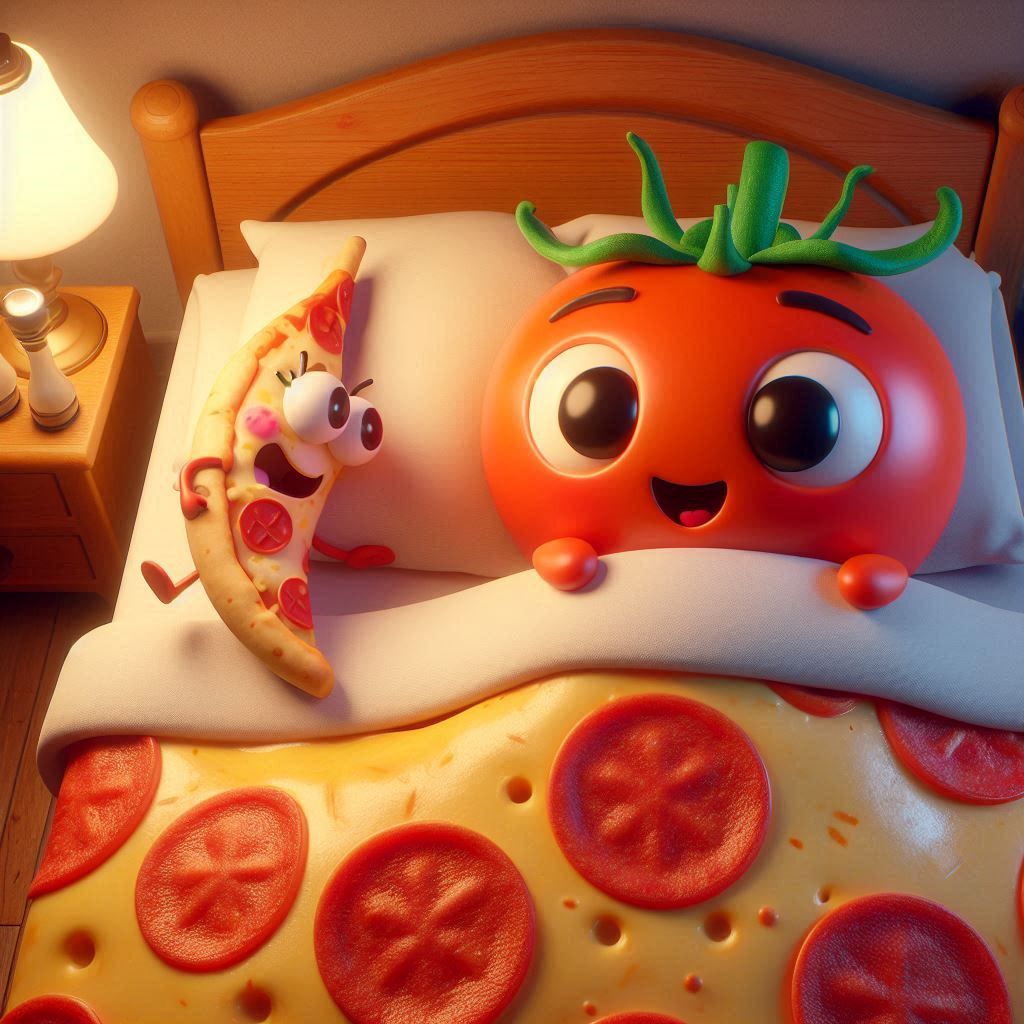 cute slice of tomato that is lying on a bed  pizza with cheese as sheets.