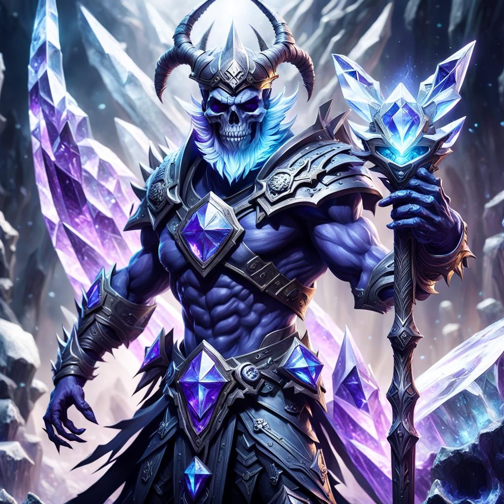 Realistic in full height art of a crystal elemental man with ice horn ...