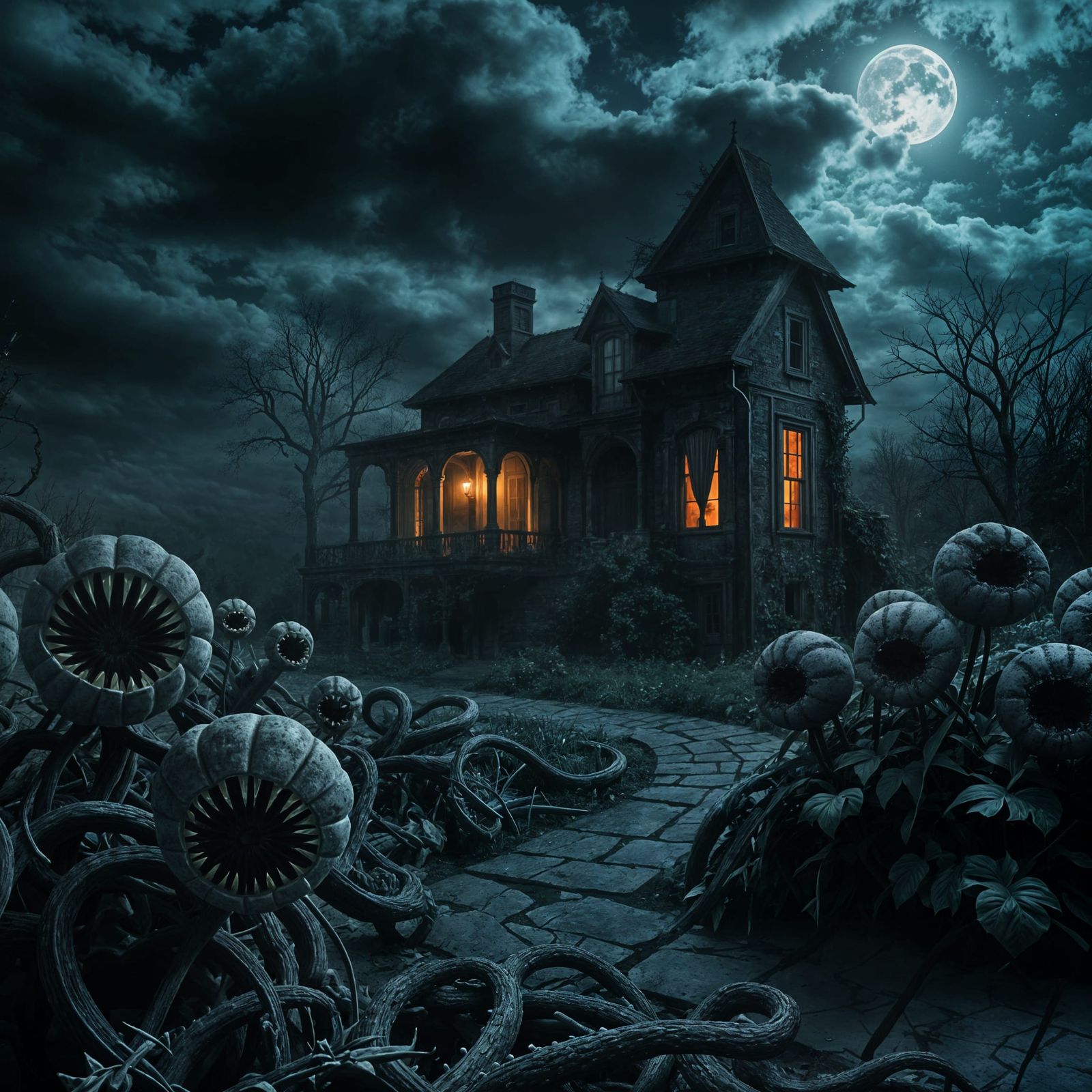 A dark, eerie garden under a cloudy night sky, with patches of moonlight breaking through the mist. The ...  by @PVW