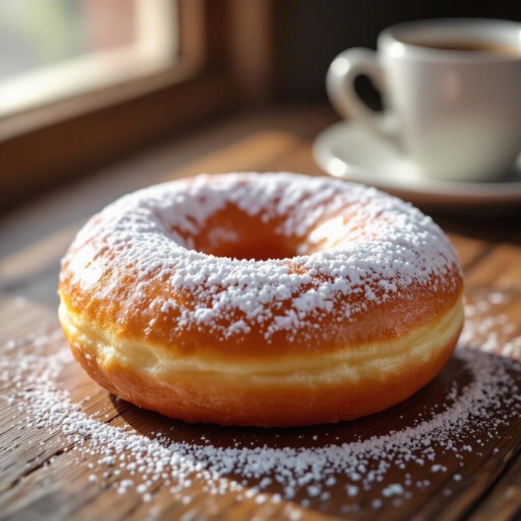 Weary Donut on Wooden Table in Warm Light