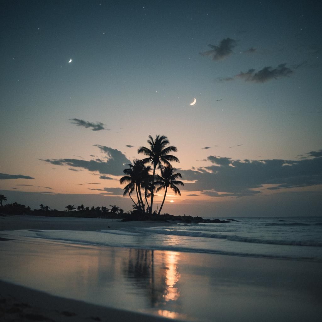 A Serene beach in the night time basked in moonlight