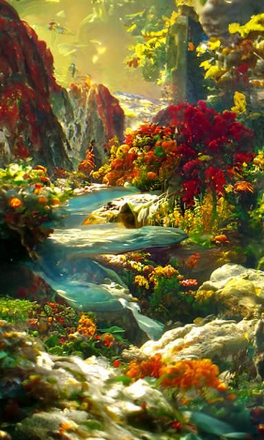 A beautiful painting of a river full of clear cystal deep blue transparent gurgling water, the river is in a native Cana...